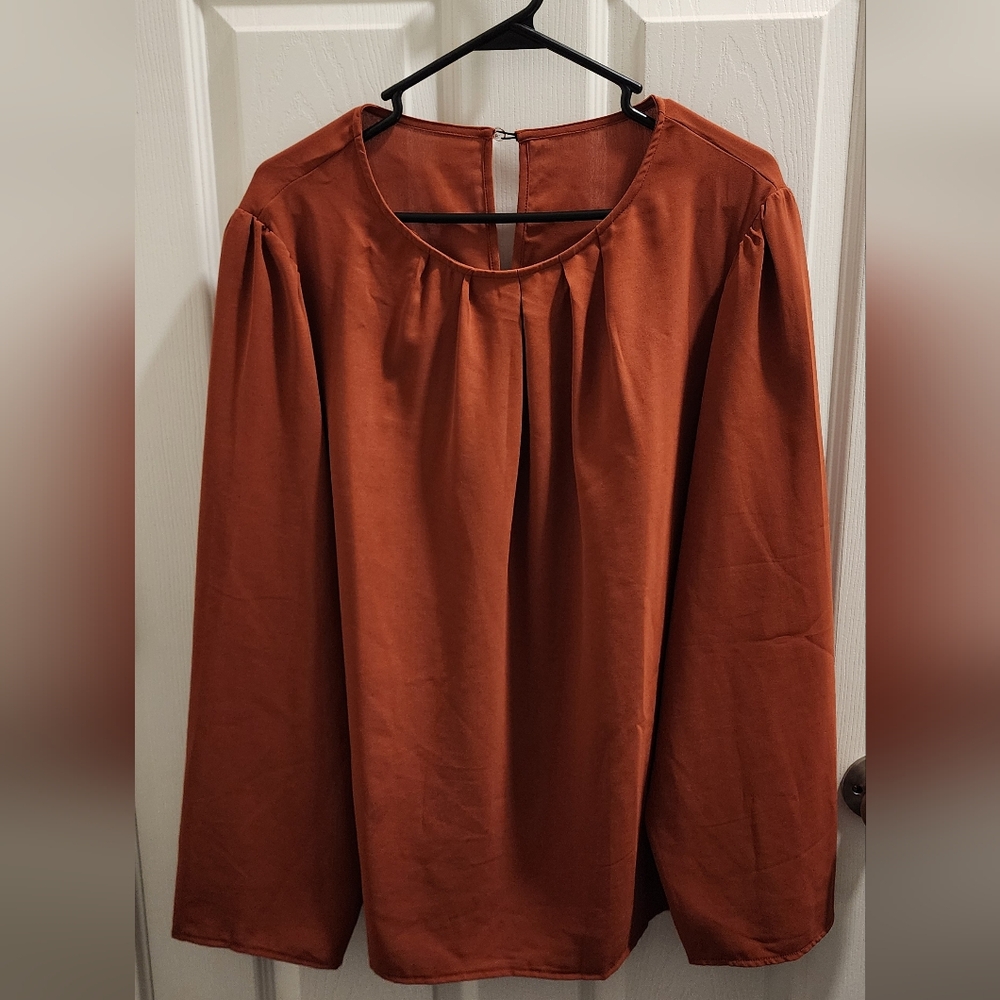 SHEIN Orange Puff Sleeve Blouse with Pleated Relaxed Fit